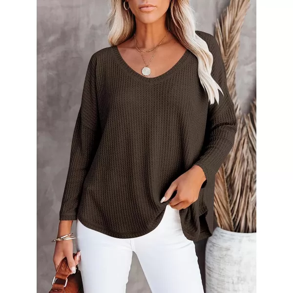 imageANRABESS Womens Causal Off Shoulder Waffle Knit Shirt VNeck Batwing Sleeve Pullover Curved Hem Tunic Tops11deep Coffee