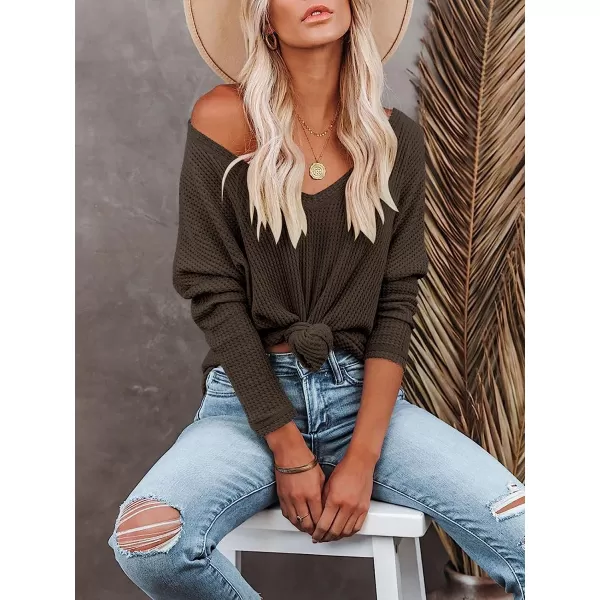 imageANRABESS Womens Causal Off Shoulder Waffle Knit Shirt VNeck Batwing Sleeve Pullover Curved Hem Tunic Tops11deep Coffee