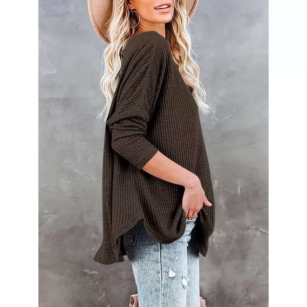 imageANRABESS Womens Causal Off Shoulder Waffle Knit Shirt VNeck Batwing Sleeve Pullover Curved Hem Tunic Tops11deep Coffee
