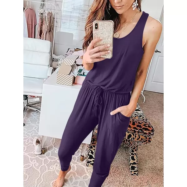 imageANRABESS Womens Causal Tank Jumpsuits Sleeveless Drawstring Elastic Waist Loose Summer Romper Outfits with Pockets01grey Purple