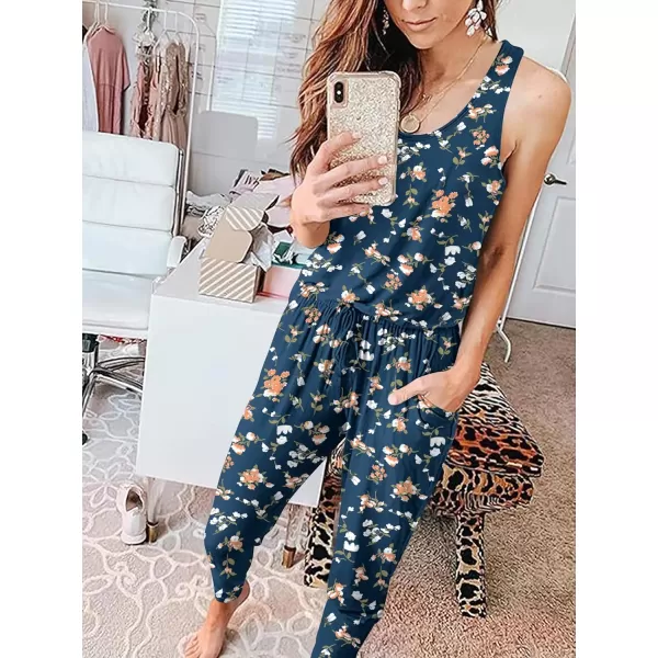 imageANRABESS Womens Causal Tank Jumpsuits Sleeveless Drawstring Elastic Waist Loose Summer Romper Outfits with Pockets01navy Floral