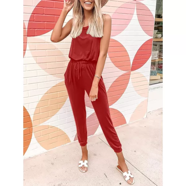 imageANRABESS Womens Causal Tank Jumpsuits Sleeveless Drawstring Elastic Waist Loose Summer Romper Outfits with Pockets01red