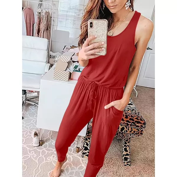 imageANRABESS Womens Causal Tank Jumpsuits Sleeveless Drawstring Elastic Waist Loose Summer Romper Outfits with Pockets01red