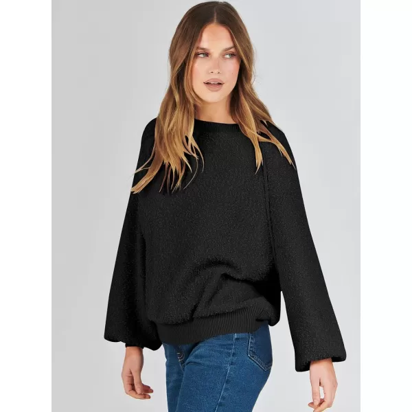 imageANRABESS Womens Crewneck Batwing Long Sleeve Sweater 2023 Fall Oversized Popcorn Knit Pullover Sweater Top01black