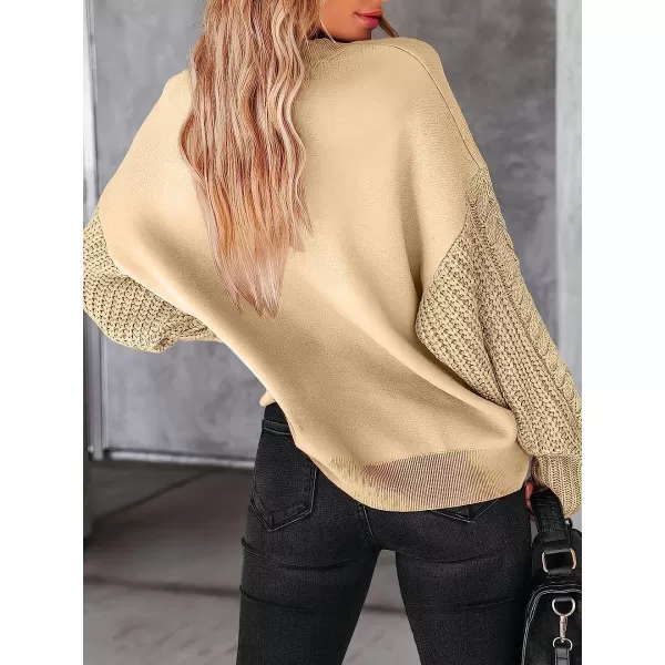 imageANRABESS Womens Crewneck Long Sleeve Drop Shoulder Casual Solid Cable Knit Chunky Contrast Pullover Sweater TopApricot