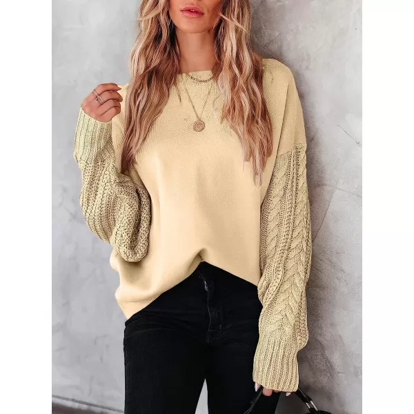 imageANRABESS Womens Crewneck Long Sleeve Drop Shoulder Casual Solid Cable Knit Chunky Contrast Pullover Sweater TopApricot
