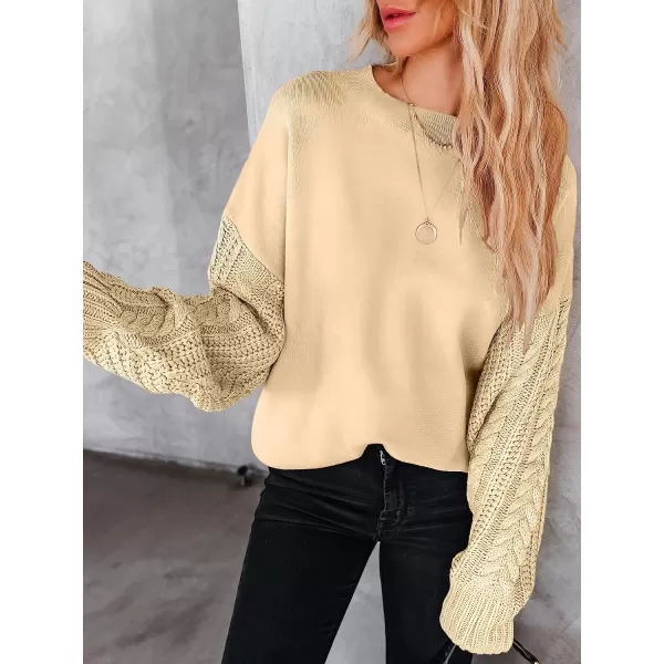 imageANRABESS Womens Crewneck Long Sleeve Drop Shoulder Casual Solid Cable Knit Chunky Contrast Pullover Sweater TopApricot
