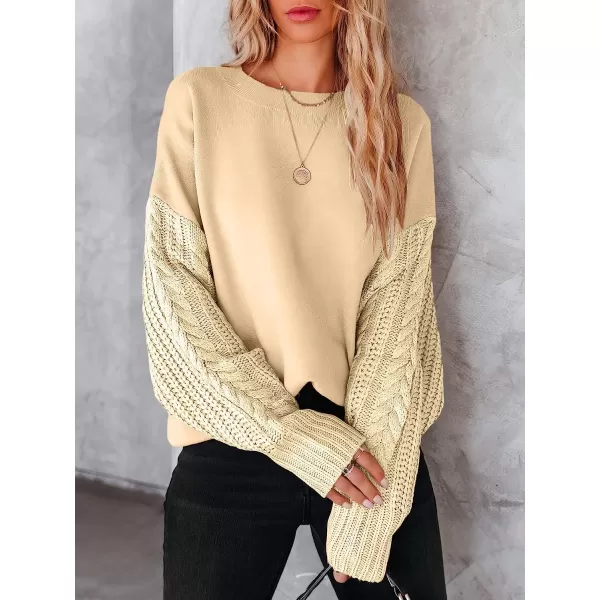 imageANRABESS Womens Crewneck Long Sleeve Drop Shoulder Casual Solid Cable Knit Chunky Contrast Pullover Sweater TopApricot
