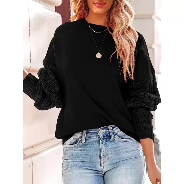 imageANRABESS Womens Crewneck Long Sleeve Drop Shoulder Casual Solid Cable Knit Chunky Contrast Pullover Sweater TopBlack