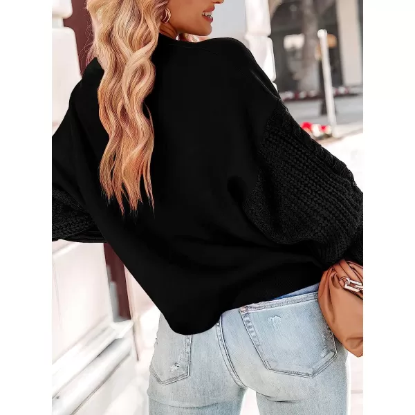 imageANRABESS Womens Crewneck Long Sleeve Drop Shoulder Casual Solid Cable Knit Chunky Contrast Pullover Sweater TopBlack