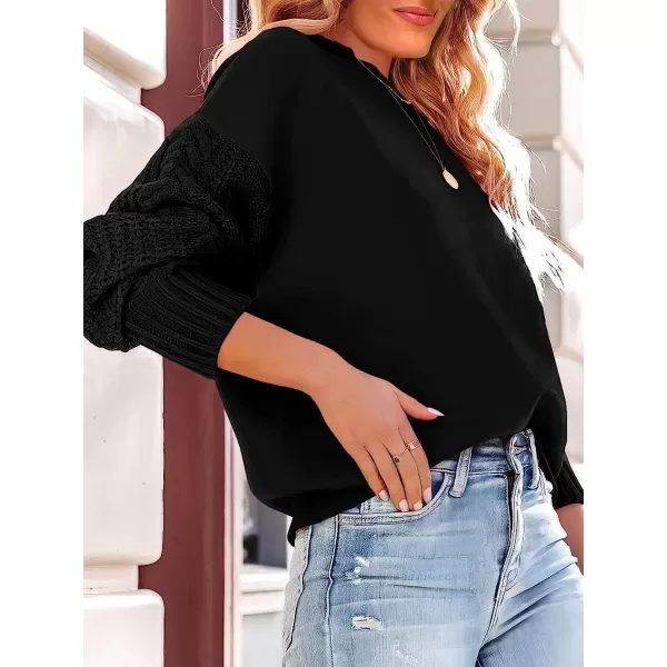 imageANRABESS Womens Crewneck Long Sleeve Drop Shoulder Casual Solid Cable Knit Chunky Contrast Pullover Sweater TopBlack