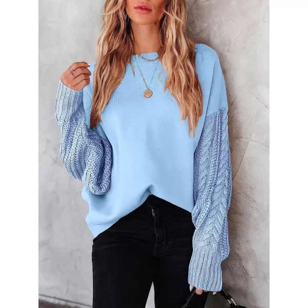 imageANRABESS Womens Crewneck Long Sleeve Drop Shoulder Casual Solid Cable Knit Chunky Contrast Pullover Sweater TopBlue