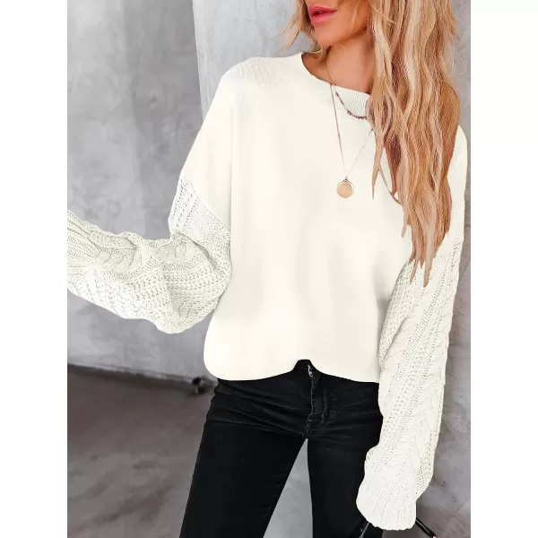 imageANRABESS Womens Crewneck Long Sleeve Drop Shoulder Casual Solid Cable Knit Chunky Contrast Pullover Sweater TopCream White