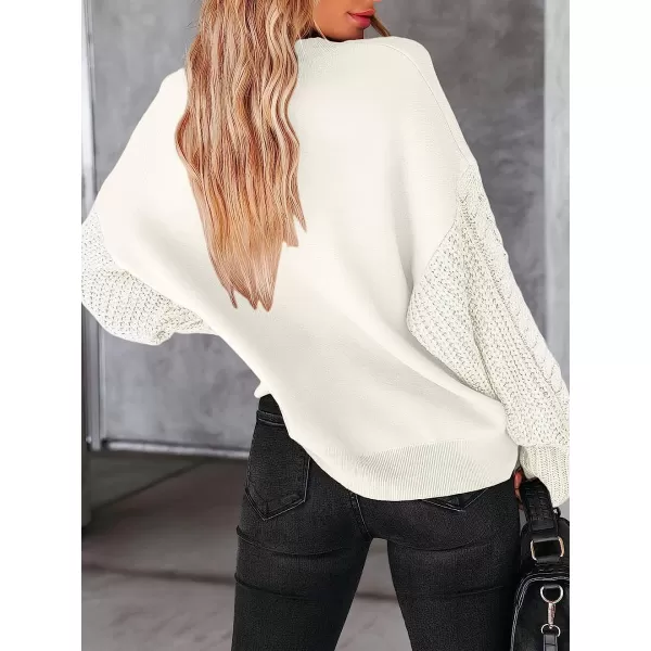 imageANRABESS Womens Crewneck Long Sleeve Drop Shoulder Casual Solid Cable Knit Chunky Contrast Pullover Sweater TopCream White