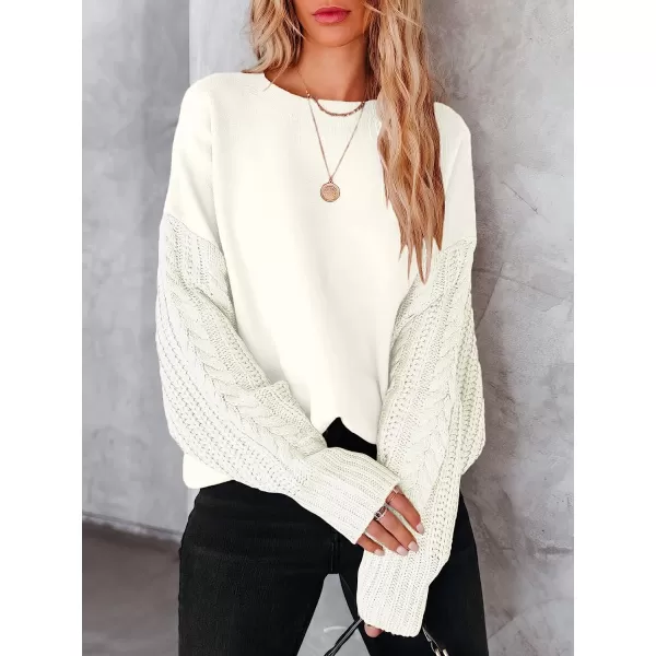 imageANRABESS Womens Crewneck Long Sleeve Drop Shoulder Casual Solid Cable Knit Chunky Contrast Pullover Sweater TopCream White