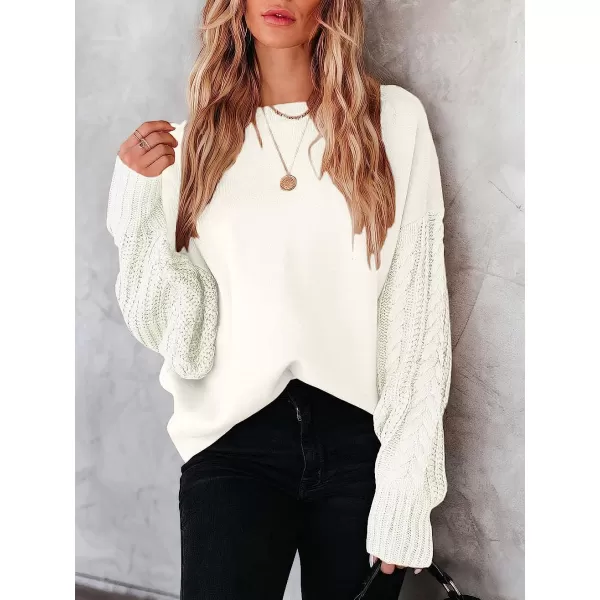 imageANRABESS Womens Crewneck Long Sleeve Drop Shoulder Casual Solid Cable Knit Chunky Contrast Pullover Sweater TopCream White