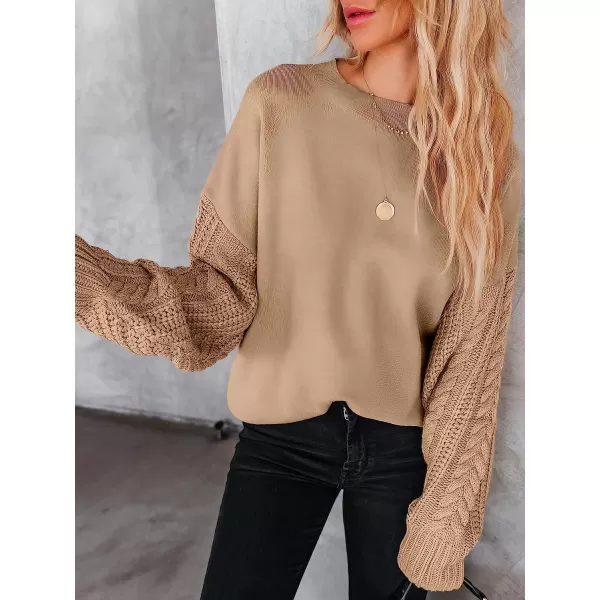 imageANRABESS Womens Crewneck Long Sleeve Drop Shoulder Casual Solid Cable Knit Chunky Contrast Pullover Sweater TopKhaki