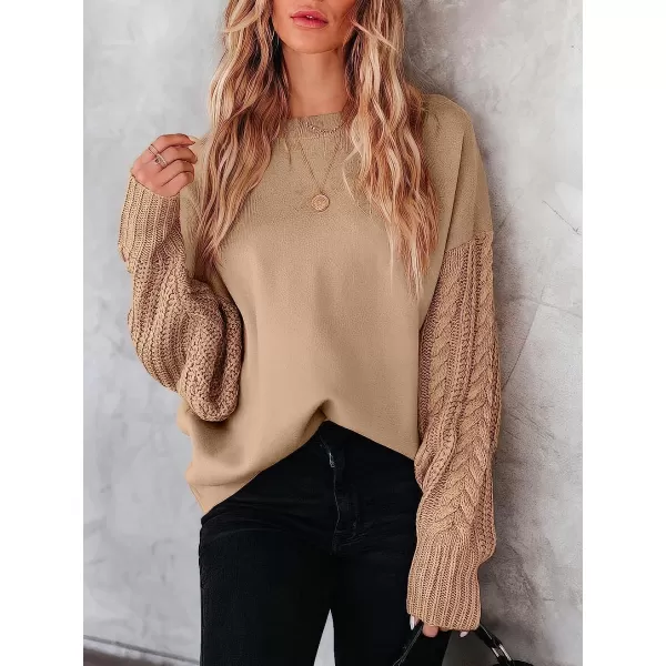 imageANRABESS Womens Crewneck Long Sleeve Drop Shoulder Casual Solid Cable Knit Chunky Contrast Pullover Sweater TopKhaki