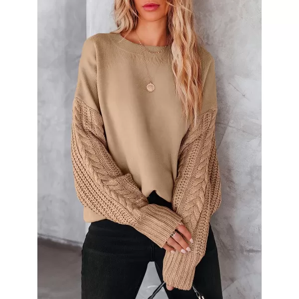 imageANRABESS Womens Crewneck Long Sleeve Drop Shoulder Casual Solid Cable Knit Chunky Contrast Pullover Sweater TopKhaki