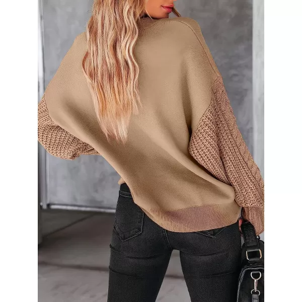 imageANRABESS Womens Crewneck Long Sleeve Drop Shoulder Casual Solid Cable Knit Chunky Contrast Pullover Sweater TopKhaki