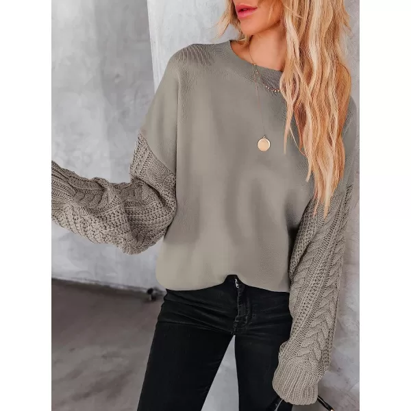 imageANRABESS Womens Crewneck Long Sleeve Drop Shoulder Casual Solid Cable Knit Chunky Contrast Pullover Sweater TopKhaki Gray