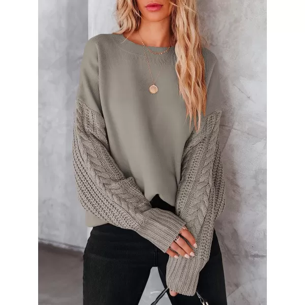imageANRABESS Womens Crewneck Long Sleeve Drop Shoulder Casual Solid Cable Knit Chunky Contrast Pullover Sweater TopKhaki Gray