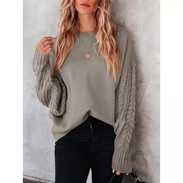 imageANRABESS Womens Crewneck Long Sleeve Drop Shoulder Casual Solid Cable Knit Chunky Contrast Pullover Sweater TopKhaki Gray