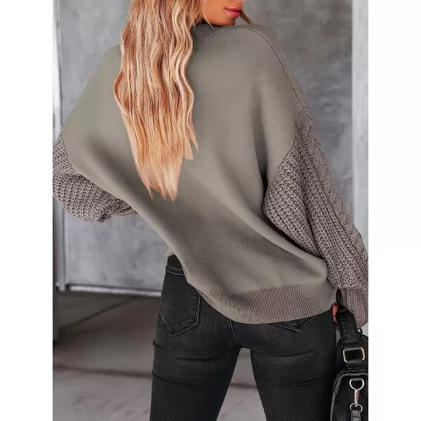 imageANRABESS Womens Crewneck Long Sleeve Drop Shoulder Casual Solid Cable Knit Chunky Contrast Pullover Sweater TopKhaki Gray