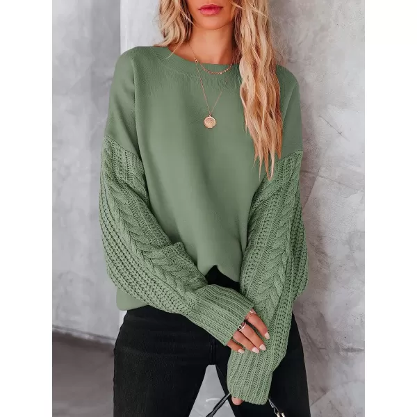 imageANRABESS Womens Crewneck Long Sleeve Drop Shoulder Casual Solid Cable Knit Chunky Contrast Pullover Sweater TopOlive