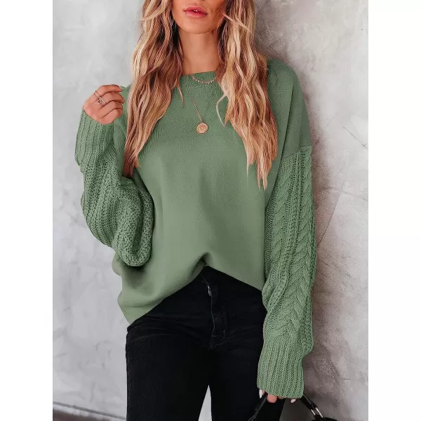 imageANRABESS Womens Crewneck Long Sleeve Drop Shoulder Casual Solid Cable Knit Chunky Contrast Pullover Sweater TopOlive