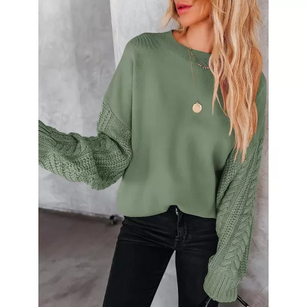 imageANRABESS Womens Crewneck Long Sleeve Drop Shoulder Casual Solid Cable Knit Chunky Contrast Pullover Sweater TopOlive