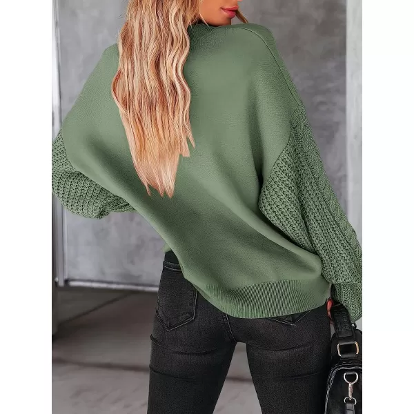 imageANRABESS Womens Crewneck Long Sleeve Drop Shoulder Casual Solid Cable Knit Chunky Contrast Pullover Sweater TopOlive