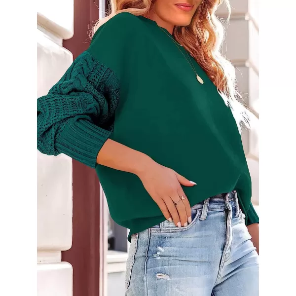 imageANRABESS Womens Crewneck Long Sleeve Drop Shoulder Casual Solid Cable Knit Chunky Contrast Pullover Sweater TopOpal Green
