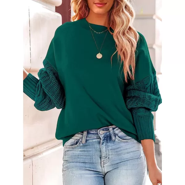 imageANRABESS Womens Crewneck Long Sleeve Drop Shoulder Casual Solid Cable Knit Chunky Contrast Pullover Sweater TopOpal Green