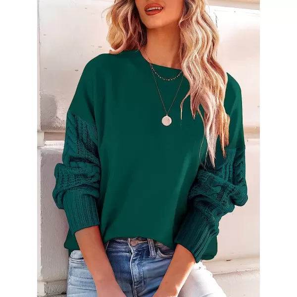 imageANRABESS Womens Crewneck Long Sleeve Drop Shoulder Casual Solid Cable Knit Chunky Contrast Pullover Sweater TopOpal Green