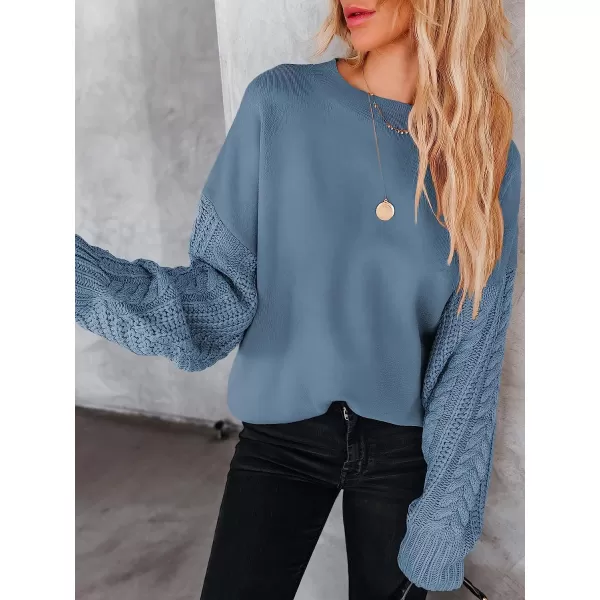 imageANRABESS Womens Crewneck Long Sleeve Drop Shoulder Casual Solid Cable Knit Chunky Contrast Pullover Sweater TopSky Blue