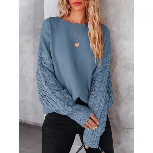 imageANRABESS Womens Crewneck Long Sleeve Drop Shoulder Casual Solid Cable Knit Chunky Contrast Pullover Sweater TopSky Blue
