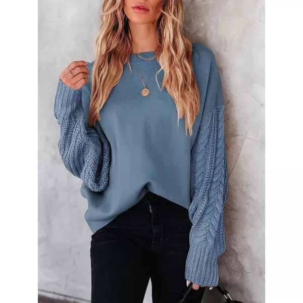 imageANRABESS Womens Crewneck Long Sleeve Drop Shoulder Casual Solid Cable Knit Chunky Contrast Pullover Sweater TopSky Blue