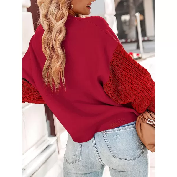 imageANRABESS Womens Crewneck Long Sleeve Drop Shoulder Casual Solid Cable Knit Chunky Contrast Pullover Sweater TopWine Red