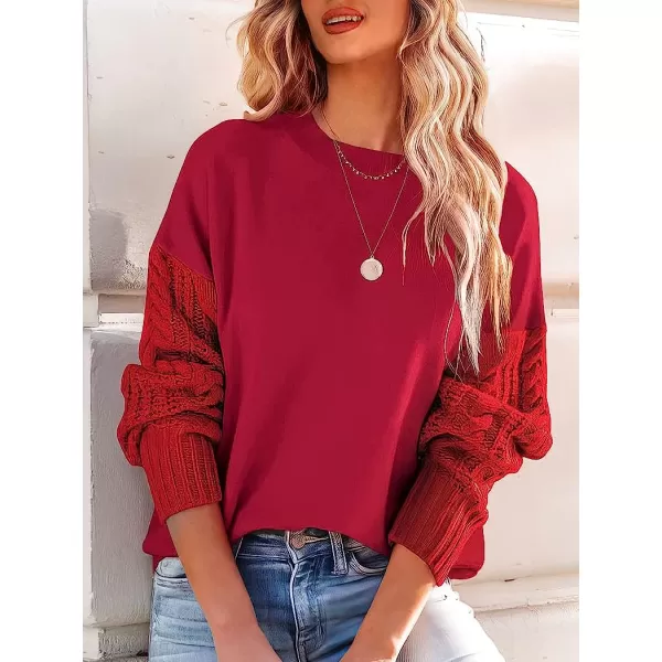 imageANRABESS Womens Crewneck Long Sleeve Drop Shoulder Casual Solid Cable Knit Chunky Contrast Pullover Sweater TopWine Red