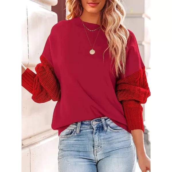 imageANRABESS Womens Crewneck Long Sleeve Drop Shoulder Casual Solid Cable Knit Chunky Contrast Pullover Sweater TopWine Red