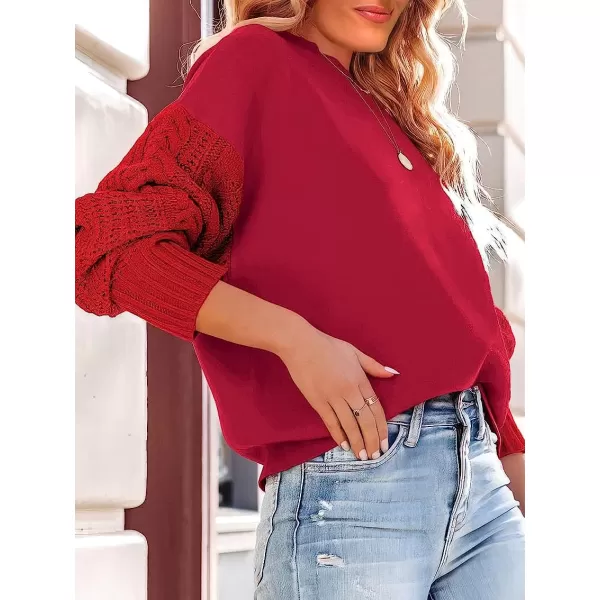 imageANRABESS Womens Crewneck Long Sleeve Drop Shoulder Casual Solid Cable Knit Chunky Contrast Pullover Sweater TopWine Red
