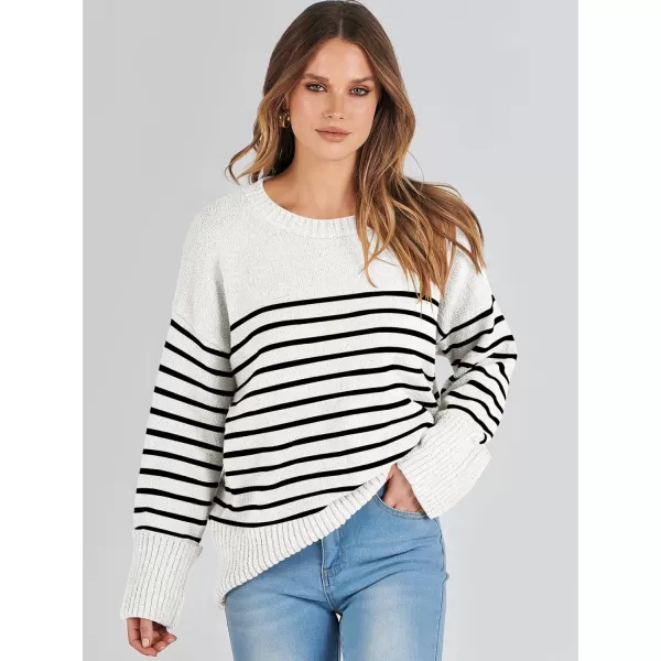 imageANRABESS Womens Crewneck Long Sleeve Oversized Fuzzy Knit Chunky Warm Pullover Sweater TopBlack White Stripe 02