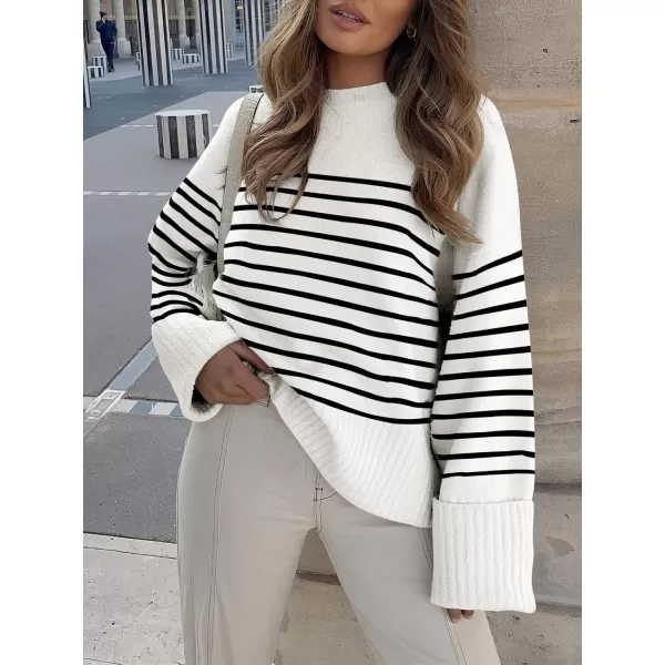 imageANRABESS Womens Crewneck Long Sleeve Oversized Fuzzy Knit Chunky Warm Pullover Sweater TopBlack White Stripe 02