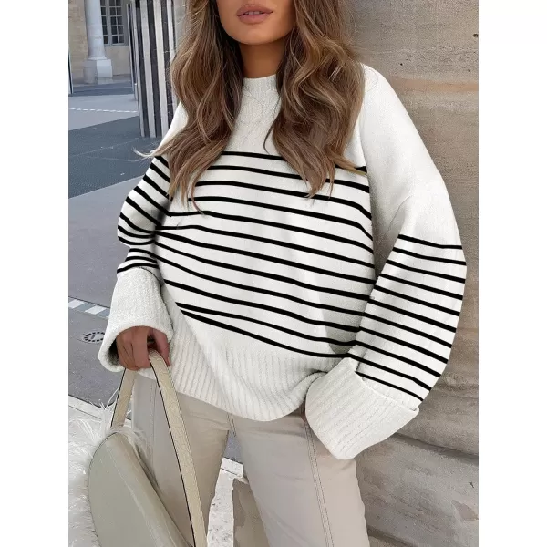 imageANRABESS Womens Crewneck Long Sleeve Oversized Fuzzy Knit Chunky Warm Pullover Sweater TopBlack White Stripe 02