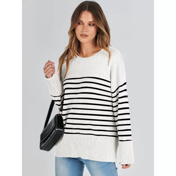 imageANRABESS Womens Crewneck Long Sleeve Oversized Fuzzy Knit Chunky Warm Pullover Sweater TopBlack White Stripe 02