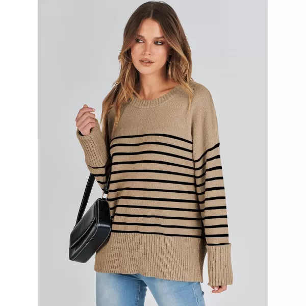 imageANRABESS Womens Crewneck Long Sleeve Oversized Fuzzy Knit Chunky Warm Pullover Sweater TopCamel Black Stripe