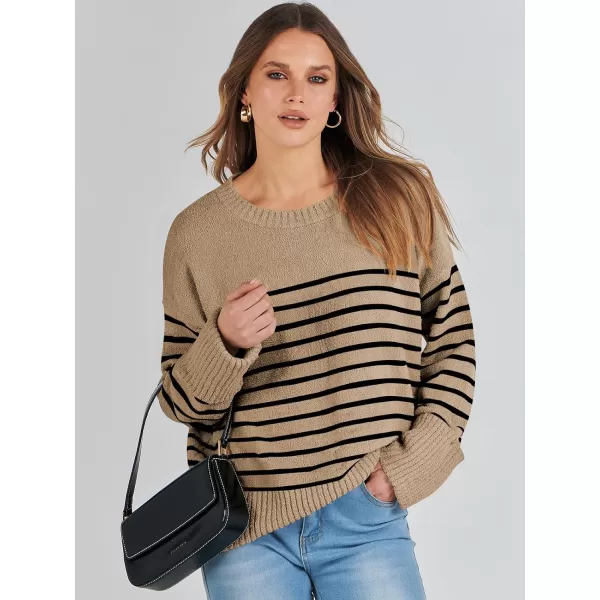 imageANRABESS Womens Crewneck Long Sleeve Oversized Fuzzy Knit Chunky Warm Pullover Sweater TopCamel Black Stripe