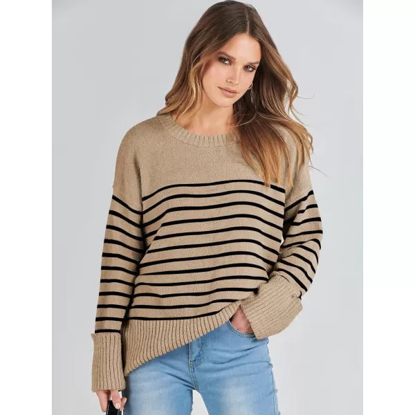 imageANRABESS Womens Crewneck Long Sleeve Oversized Fuzzy Knit Chunky Warm Pullover Sweater TopCamel Black Stripe