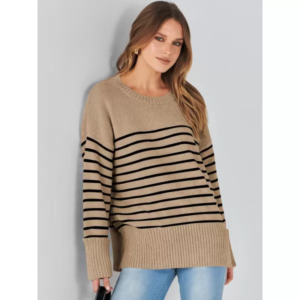 imageANRABESS Womens Crewneck Long Sleeve Oversized Fuzzy Knit Chunky Warm Pullover Sweater TopCamel Black Stripe